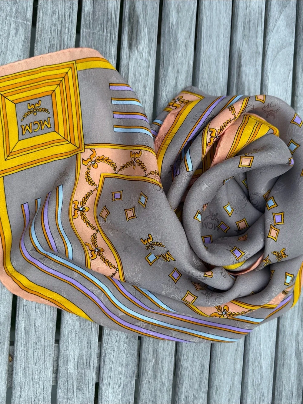 MCM Monogram Silk Scarf Gray Pink Yellow Logo Square Luxury Designer